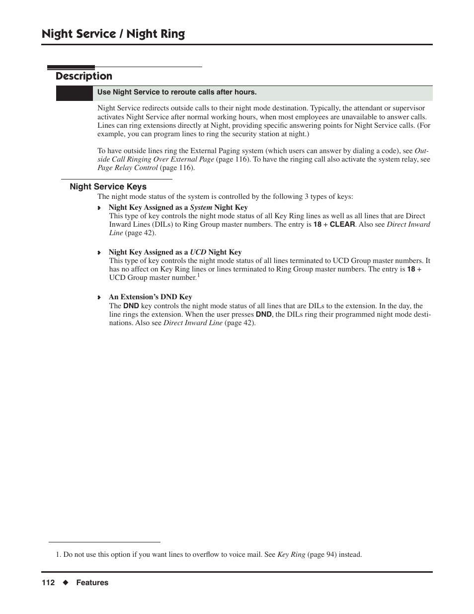 Night service / night ring, Night service keys, Description | NEC DSX 1093099 User Manual | Page 120 / 190