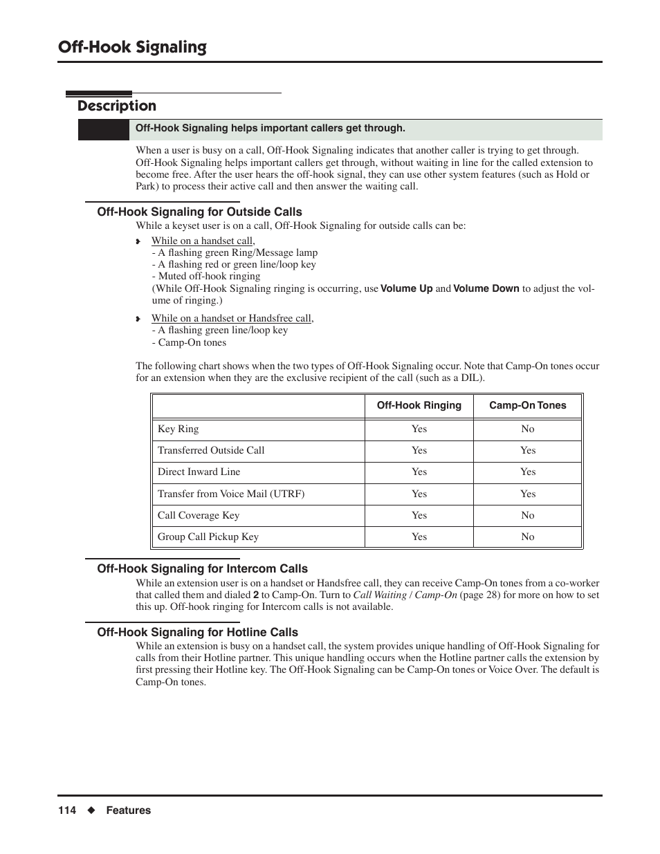 Off-hook signaling, Off-hook signaling for outside calls, Off-hook signaling for intercom calls | Off-hook signaling for hotline calls, Description | NEC DSX 1093099 User Manual | Page 122 / 190