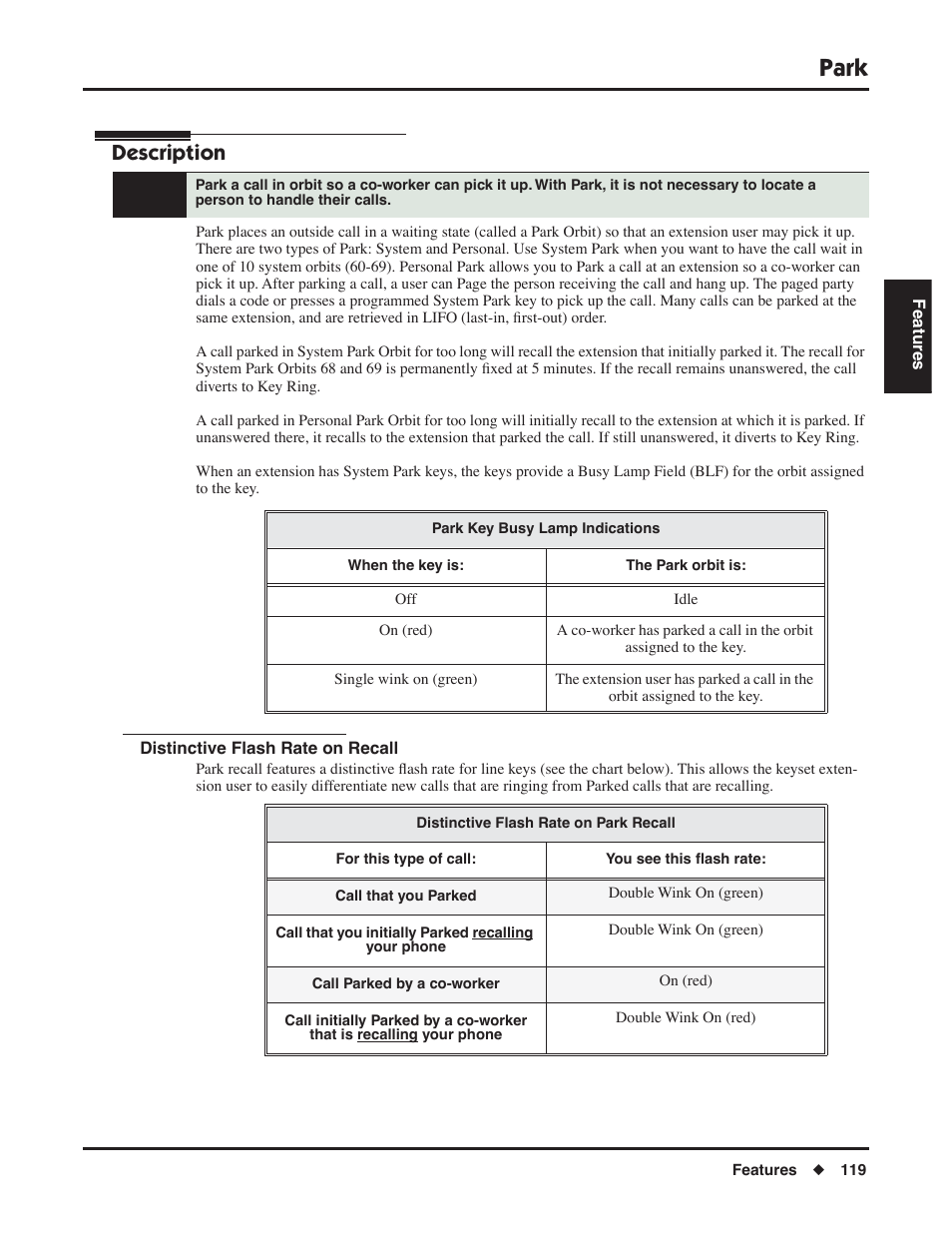 Park, Distinctive flash rate on recall, Description | NEC DSX 1093099 User Manual | Page 127 / 190
