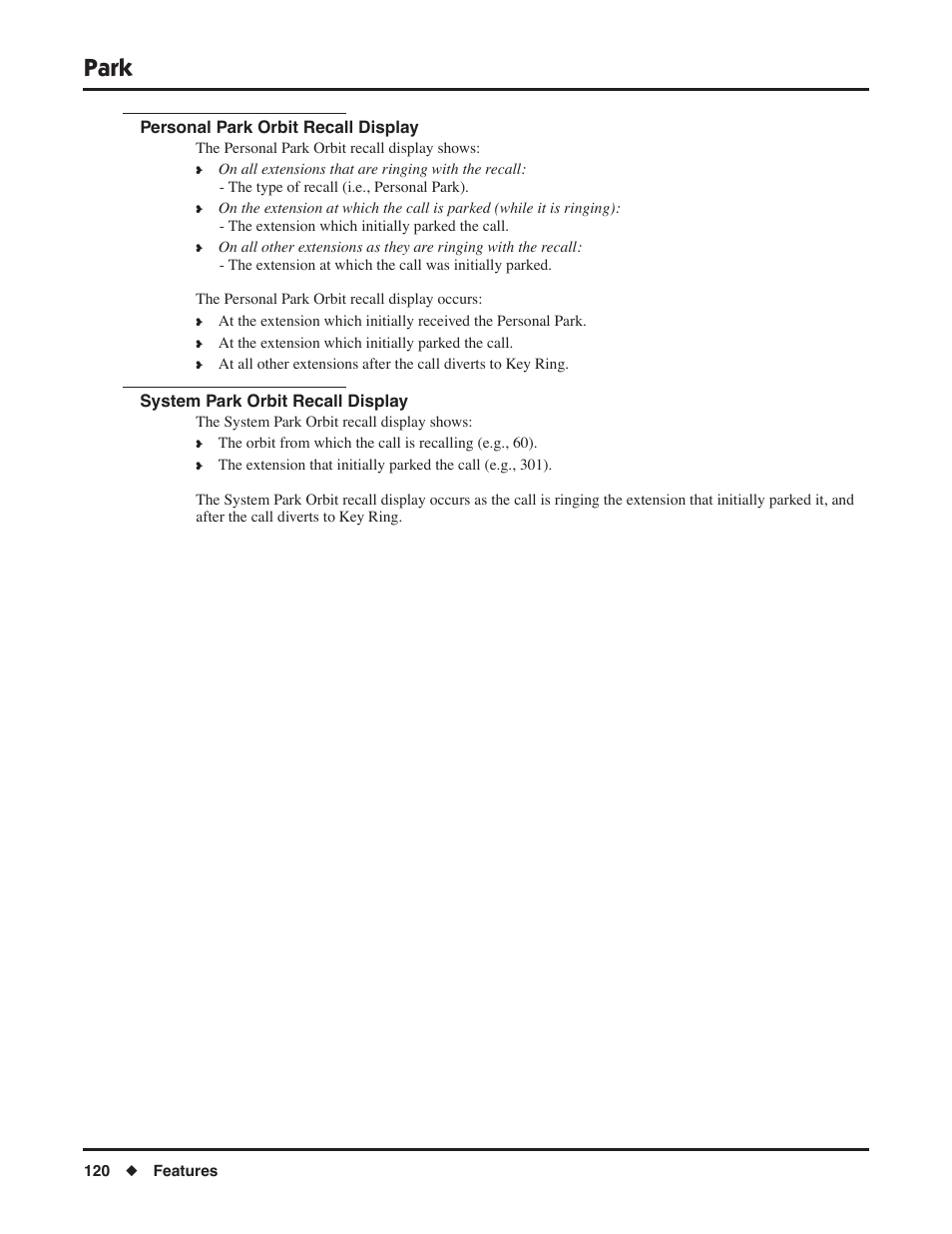 Personal park orbit recall display, System park orbit recall display, Park | NEC DSX 1093099 User Manual | Page 128 / 190