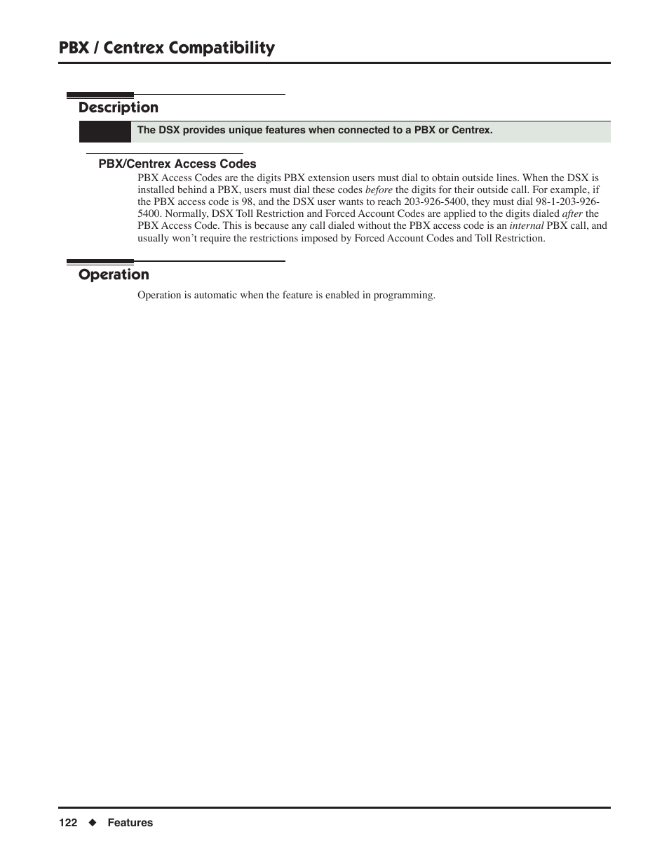 Pbx / centrex compatibility, Pbx/centrex access codes, Description | Operation | NEC DSX 1093099 User Manual | Page 130 / 190