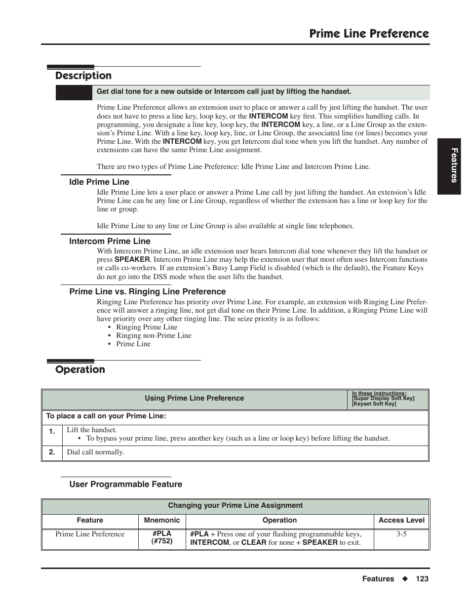 Prime line preference, Idle prime line, Intercom prime line | Prime line vs. ringing line preference, User programmable feature, Description, Operation | NEC DSX 1093099 User Manual | Page 131 / 190