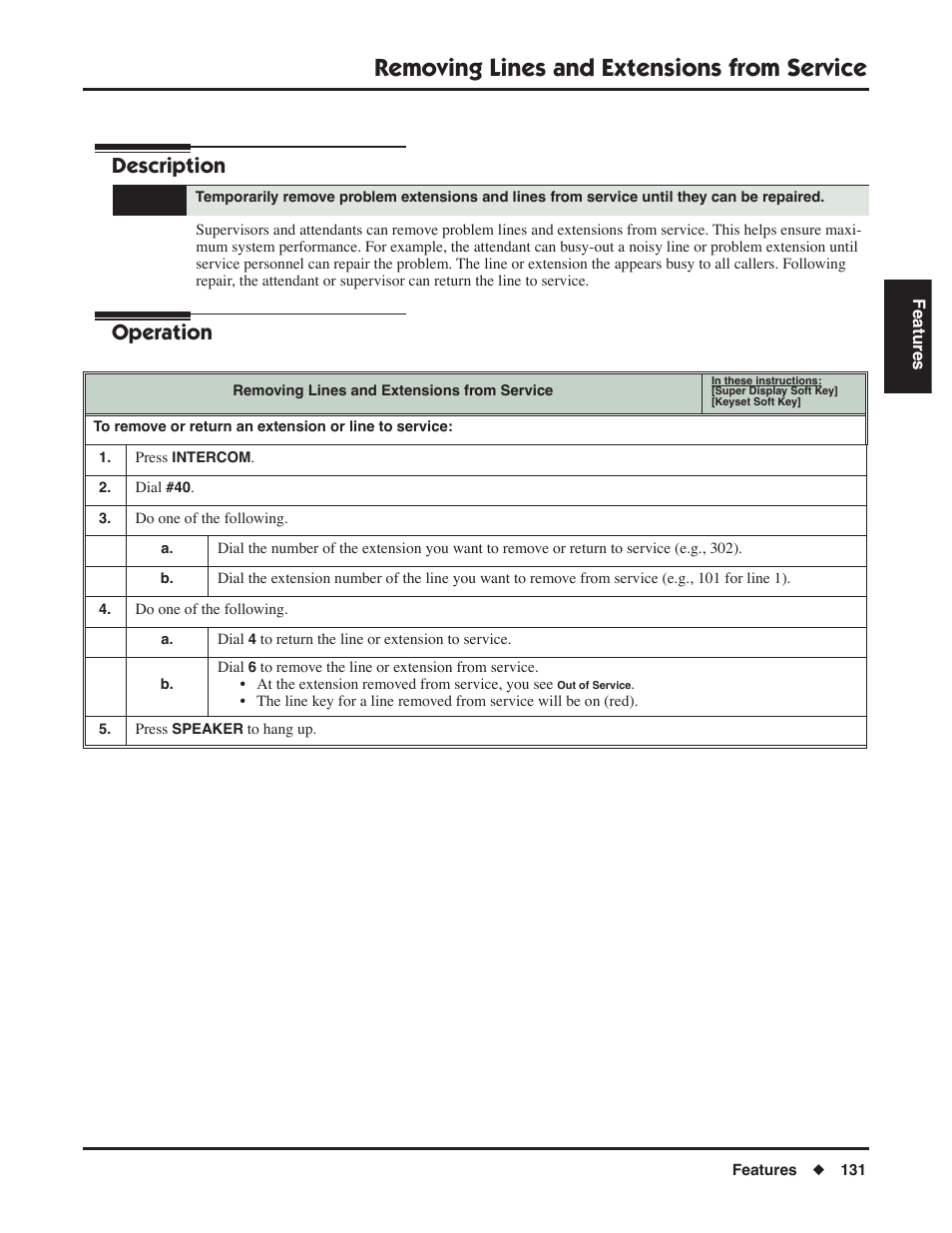 Removing lines and extensions from service, Description, Operation | NEC DSX 1093099 User Manual | Page 139 / 190