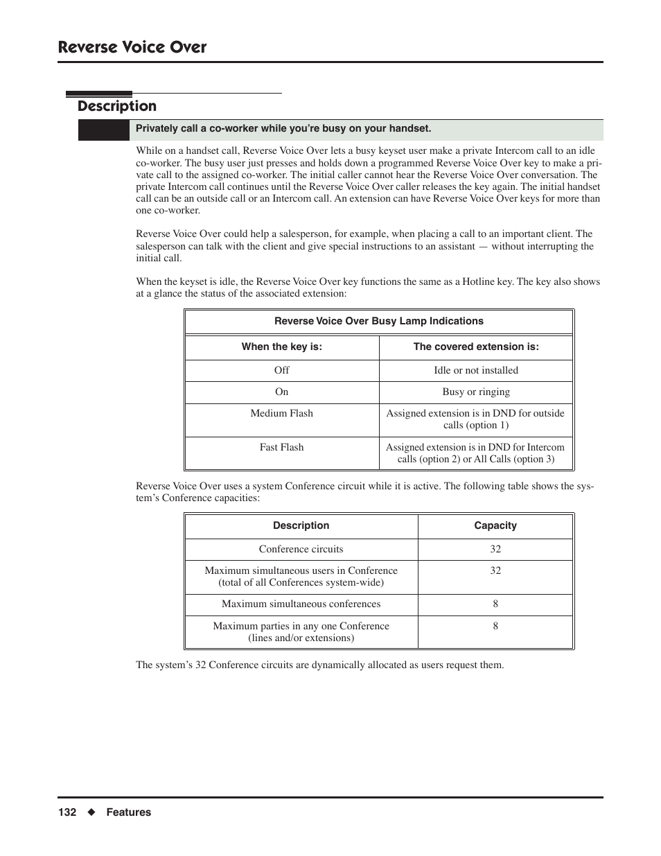 Reverse voice over, Description | NEC DSX 1093099 User Manual | Page 140 / 190