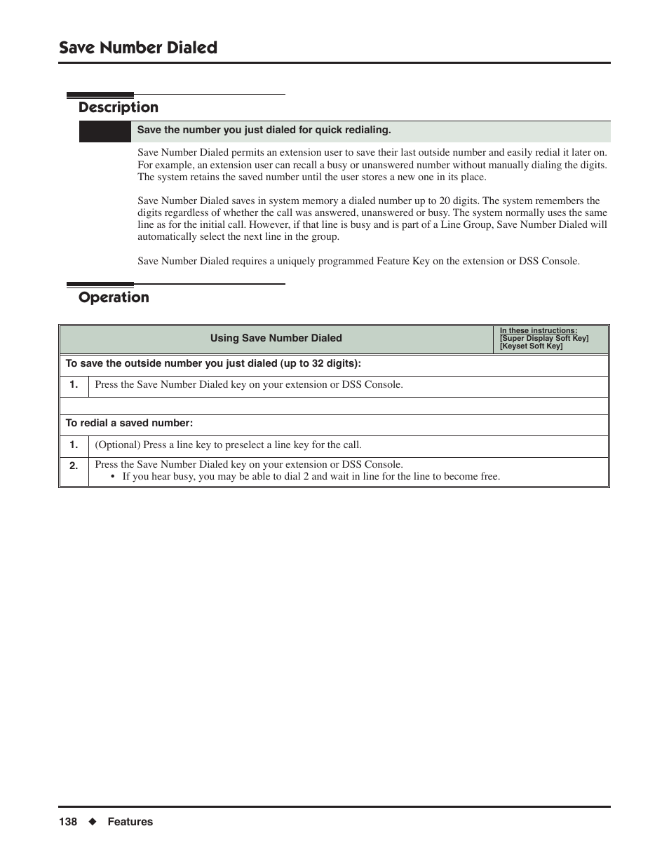Save number dialed, Description, Operation | NEC DSX 1093099 User Manual | Page 146 / 190