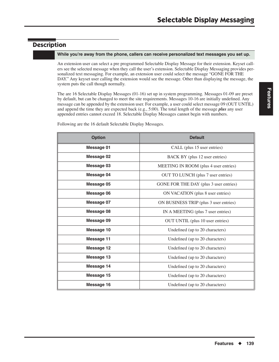Selectable display messaging, Description | NEC DSX 1093099 User Manual | Page 147 / 190