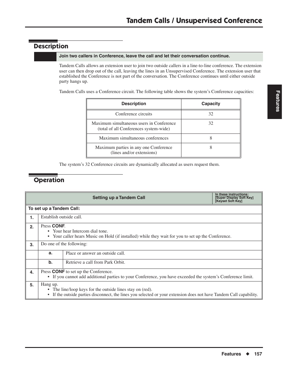Tandem calls / unsupervised conference, Description, Operation | NEC DSX 1093099 User Manual | Page 165 / 190