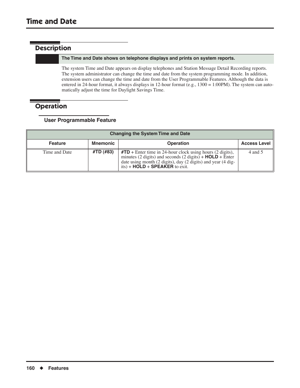 Time and date, User programmable feature, Description | Operation | NEC DSX 1093099 User Manual | Page 168 / 190