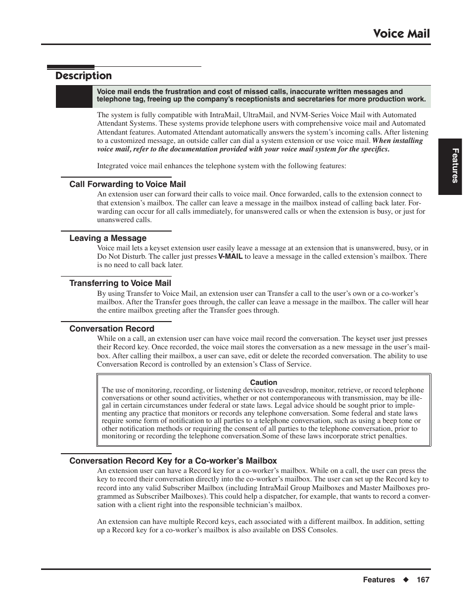 Voice mail, Call forwarding to voice mail, Leaving a message | Transferring to voice mail, Conversation record, Conversation record key for a co-worker’s mailbox, Description | NEC DSX 1093099 User Manual | Page 175 / 190