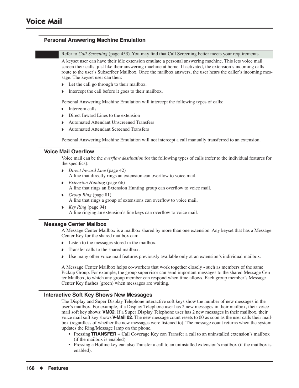 Personal answering machine emulation, Voice mail overflow, Message center mailbox | Interactive soft key shows new messages, Voice mail | NEC DSX 1093099 User Manual | Page 176 / 190