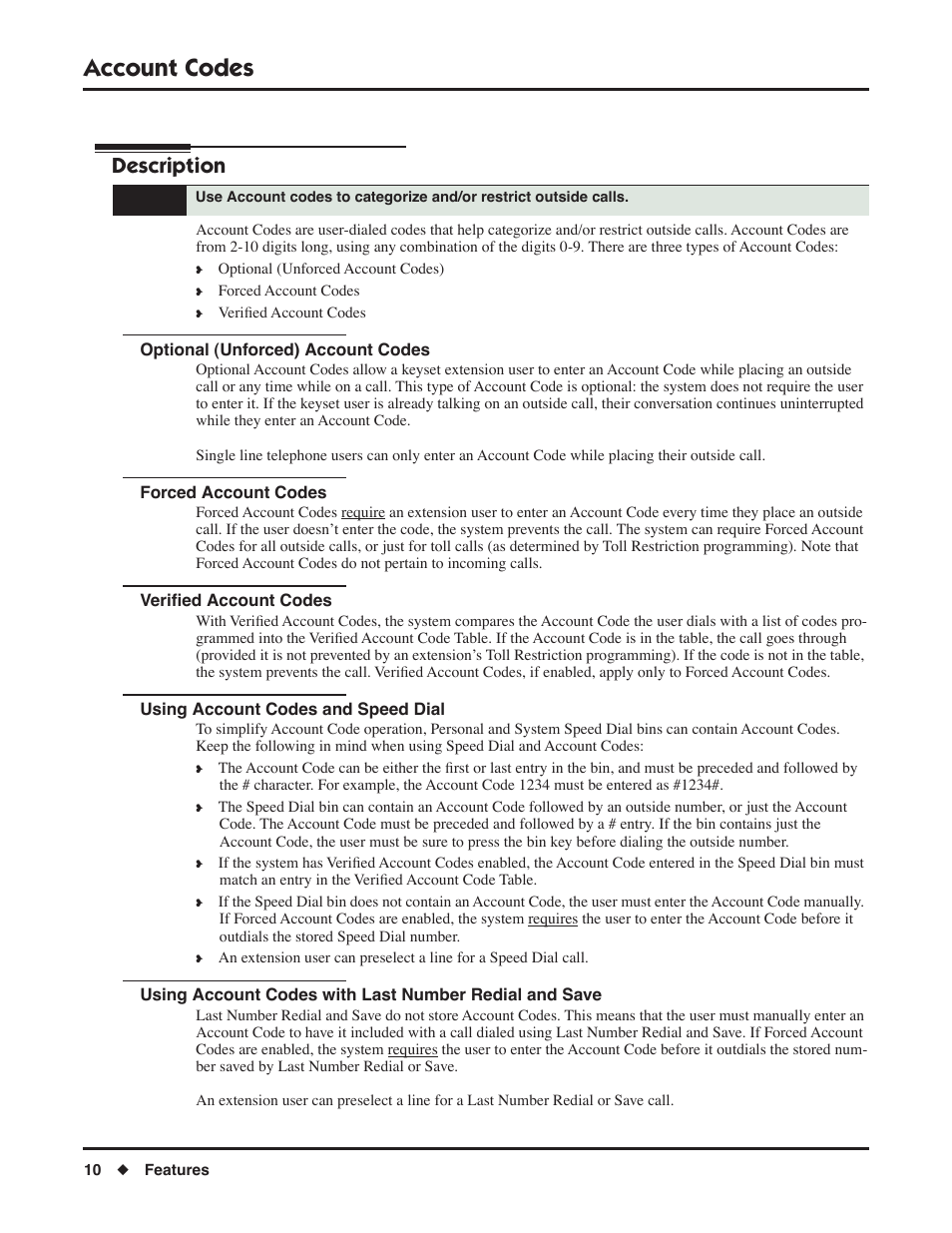 Account codes, Optional (unforced) account codes, Forced account codes | Verified account codes, Using account codes and speed dial, Description | NEC DSX 1093099 User Manual | Page 18 / 190