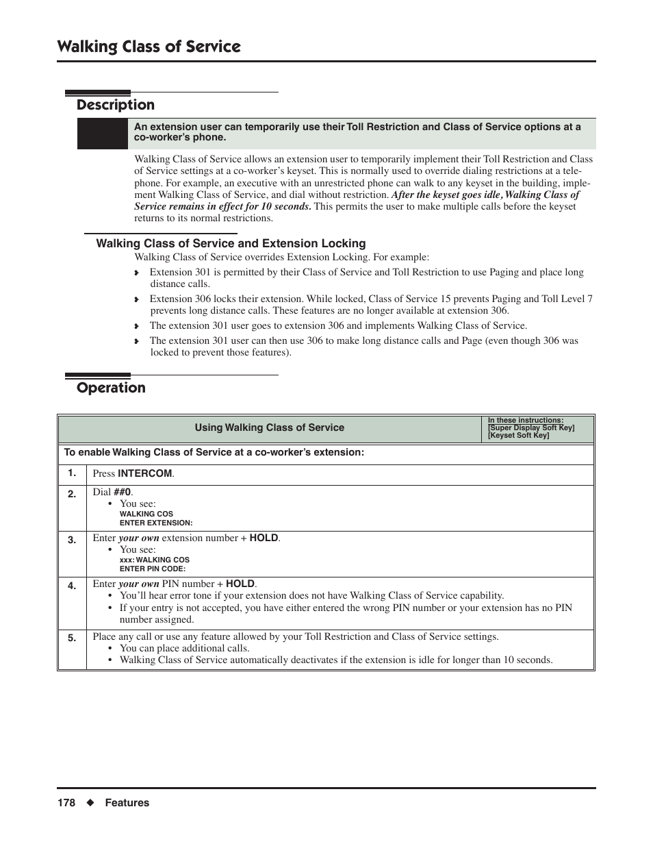 Walking class of service, Walking class of service and extension locking, Description | Operation | NEC DSX 1093099 User Manual | Page 186 / 190