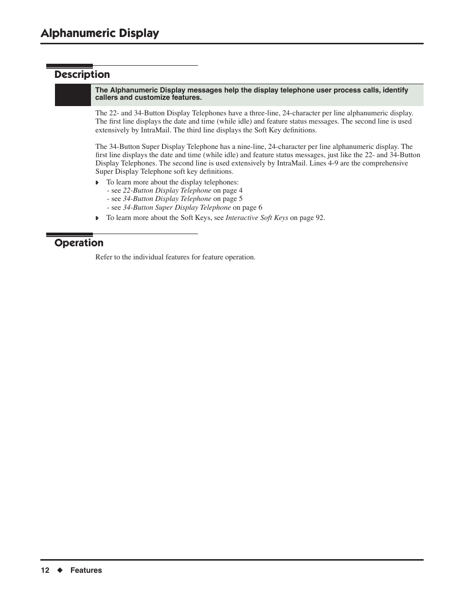Alphanumeric display, Description, Operation | NEC DSX 1093099 User Manual | Page 20 / 190