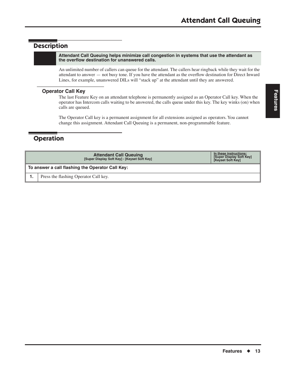 Attendant call queuing, Operator call key, Description | Operation | NEC DSX 1093099 User Manual | Page 21 / 190