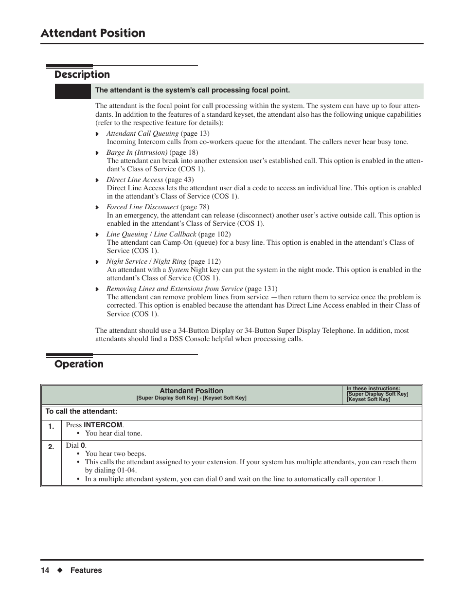 Attendant position, Description, Operation | NEC DSX 1093099 User Manual | Page 22 / 190