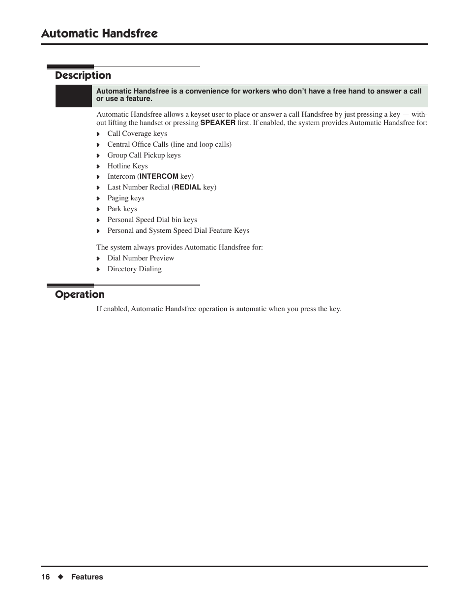 Automatic handsfree, Description, Operation | NEC DSX 1093099 User Manual | Page 24 / 190