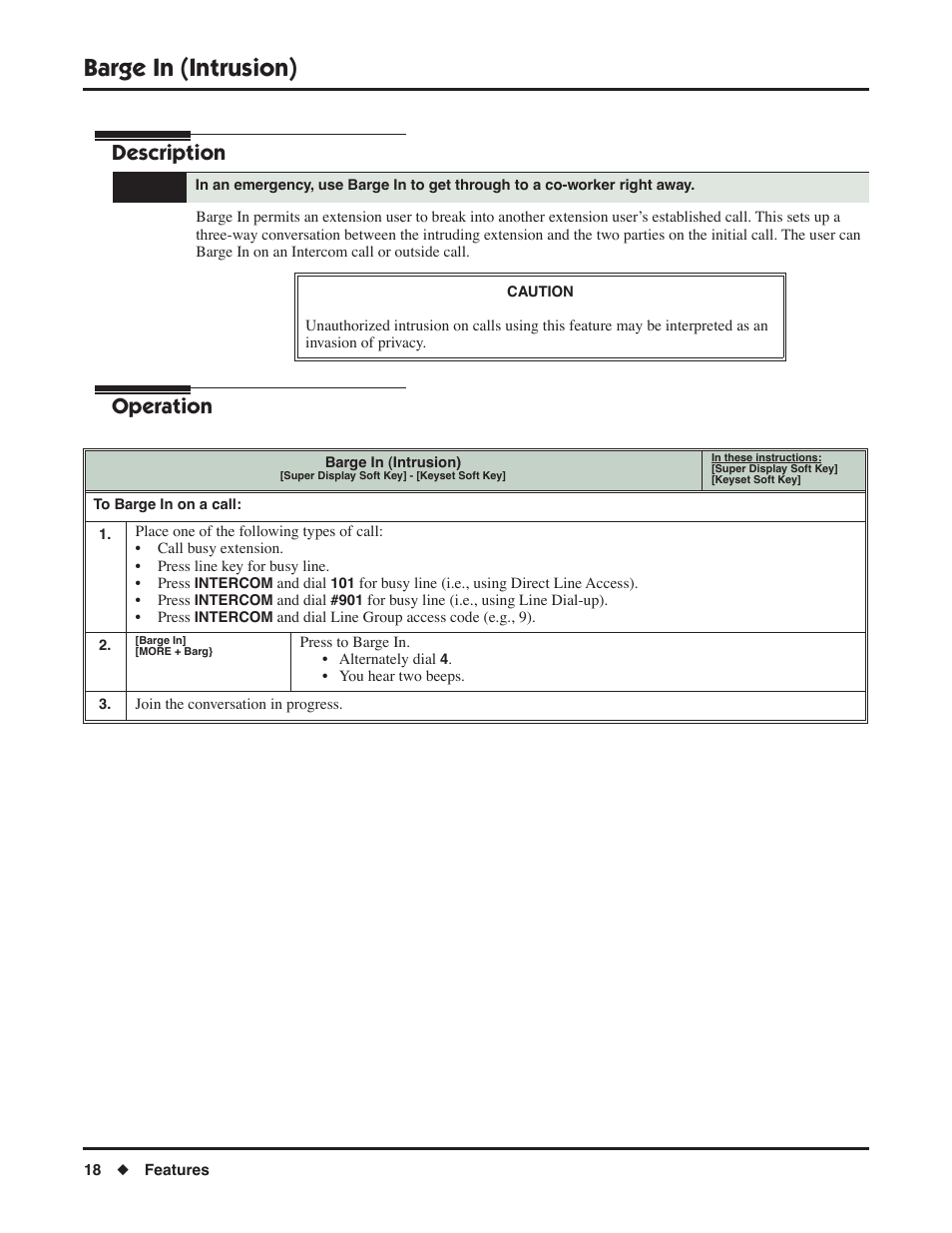 Barge in (intrusion), Description, Operation | NEC DSX 1093099 User Manual | Page 26 / 190
