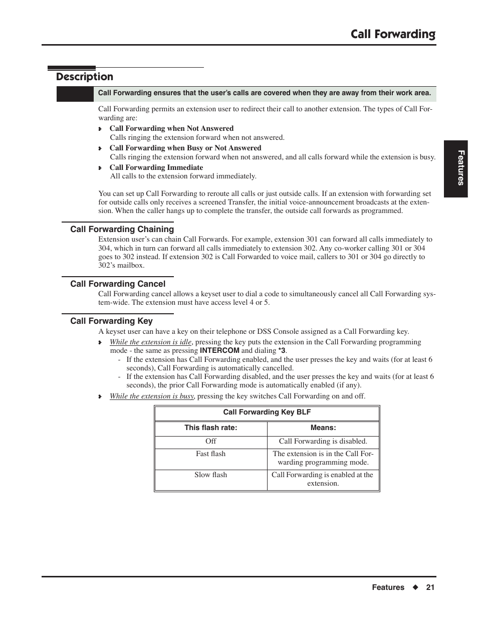 Call forwarding, Call forwarding chaining, Call forwarding cancel | Call forwarding key, Description | NEC DSX 1093099 User Manual | Page 29 / 190