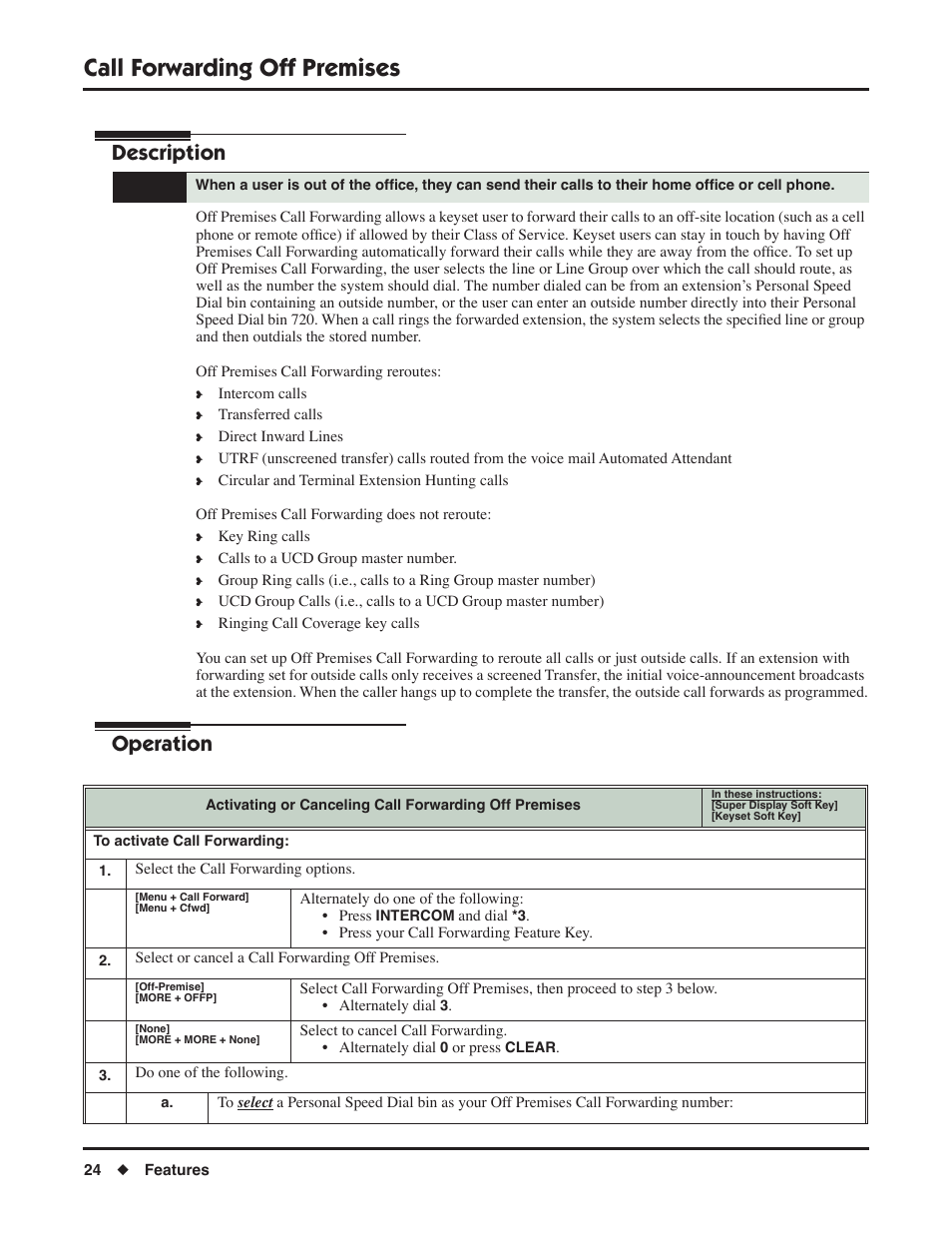 Call forwarding off premises, Description, Operation | NEC DSX 1093099 User Manual | Page 32 / 190