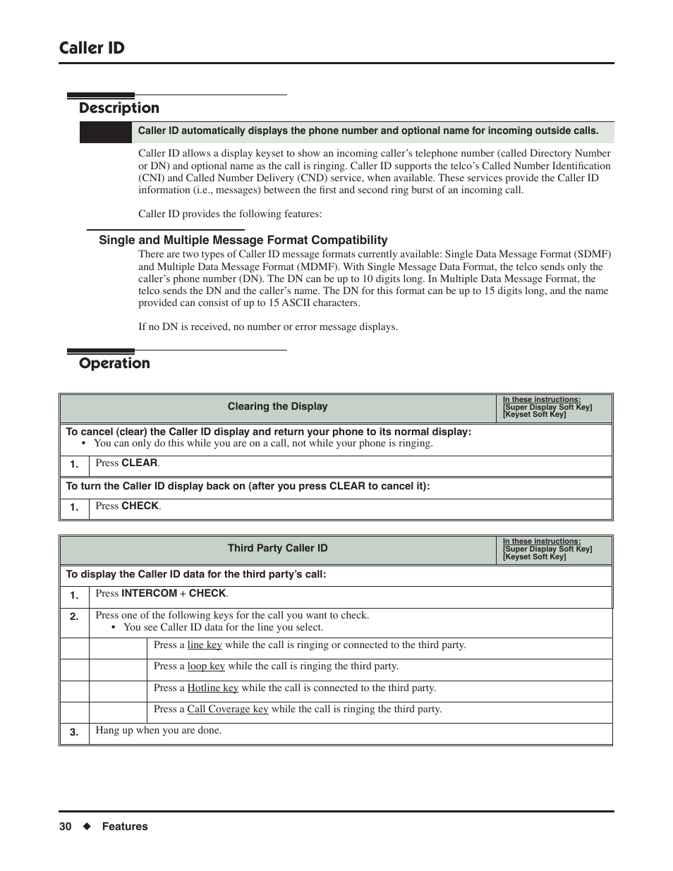 Caller id, Single and multiple message format compatibility, Description | Operation | NEC DSX 1093099 User Manual | Page 38 / 190