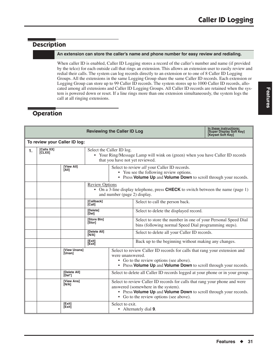 Caller id logging, Description, Operation | NEC DSX 1093099 User Manual | Page 39 / 190