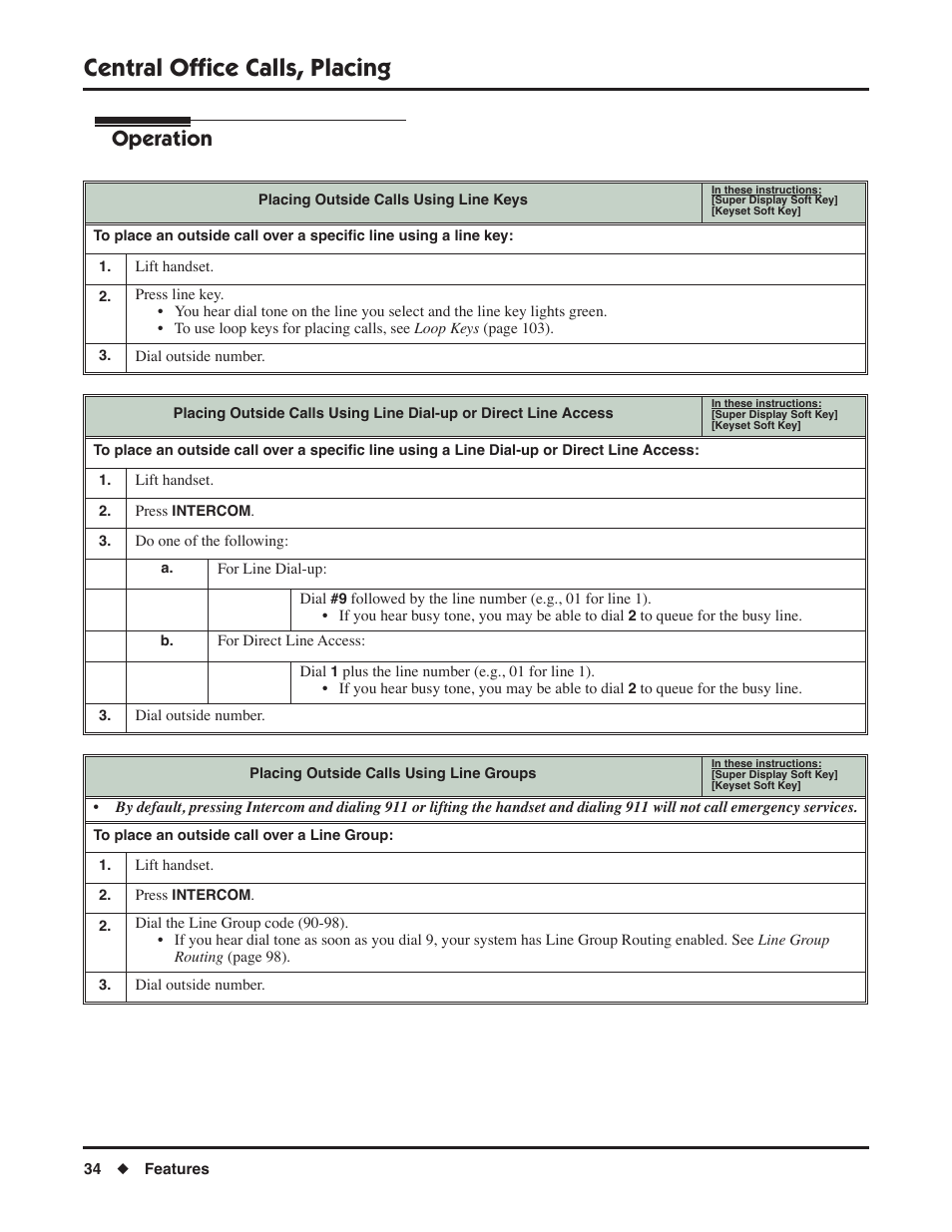 Central office calls, placing, Operation | NEC DSX 1093099 User Manual | Page 42 / 190