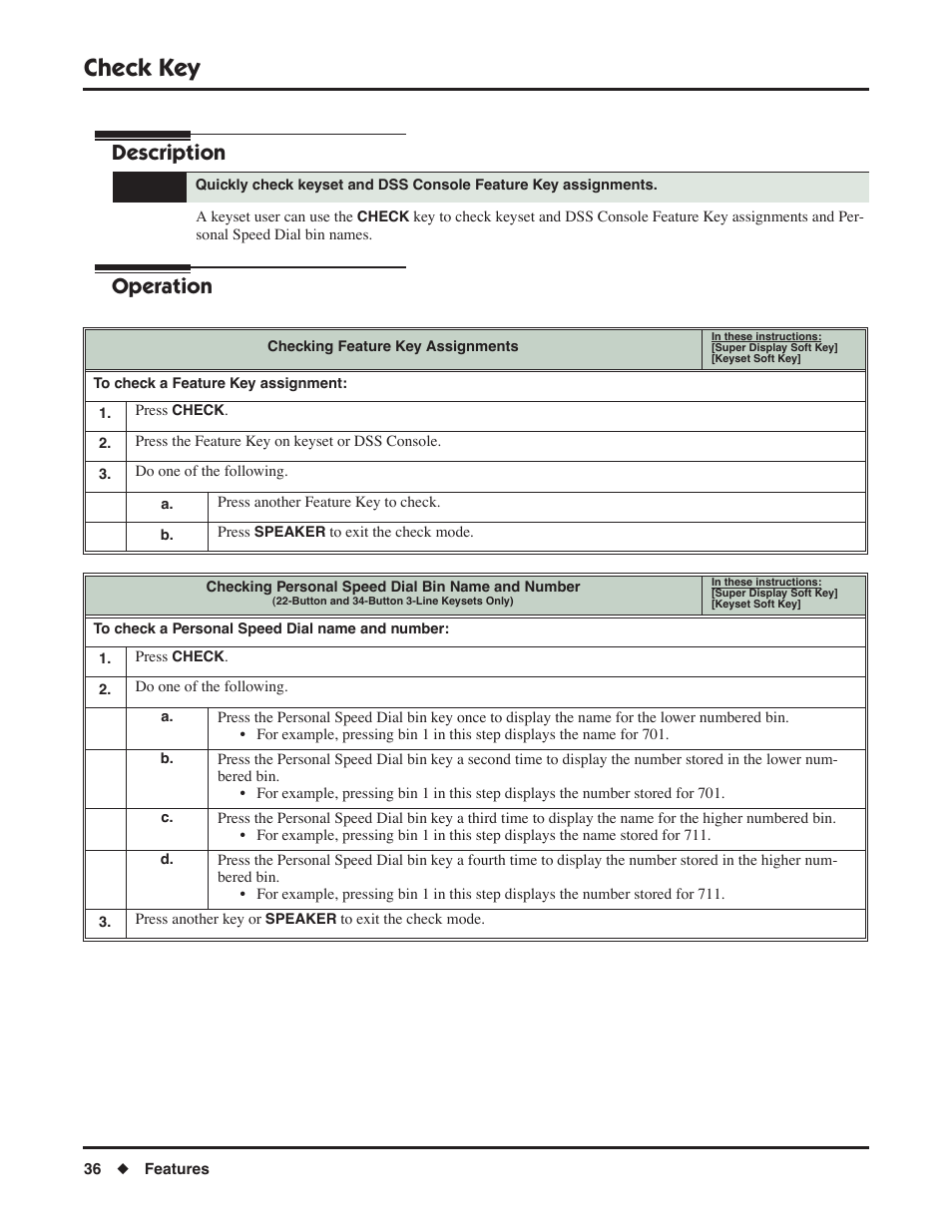 Check key, Description, Operation | NEC DSX 1093099 User Manual | Page 44 / 190