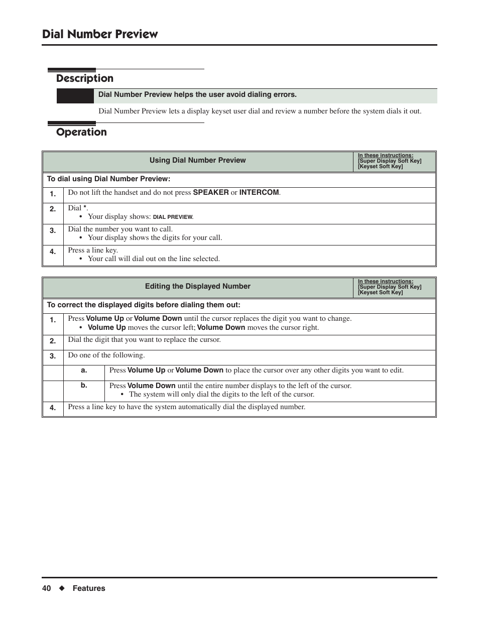 Dial number preview, Description, Operation | NEC DSX 1093099 User Manual | Page 48 / 190
