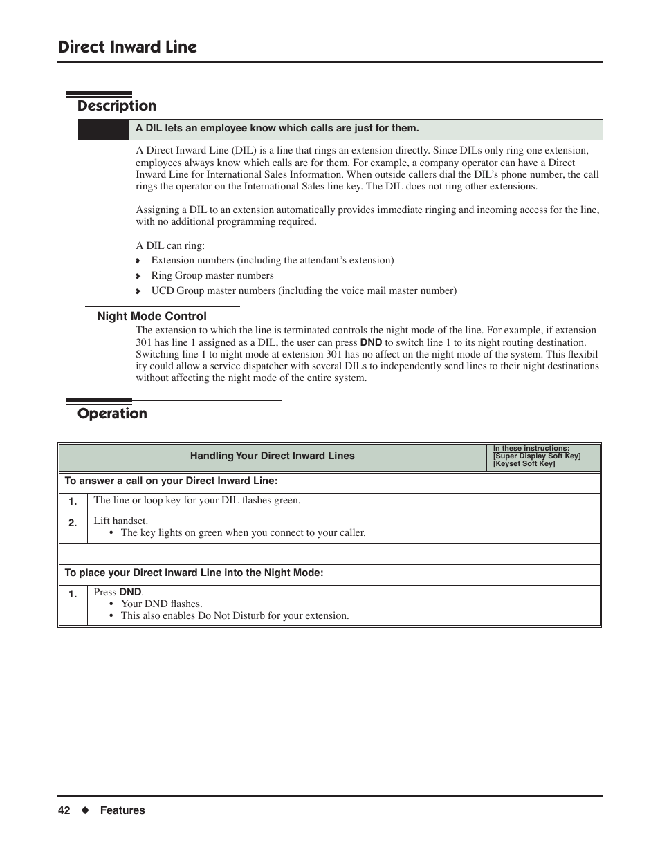 Direct inward line, Night mode control, Description | Operation | NEC DSX 1093099 User Manual | Page 50 / 190