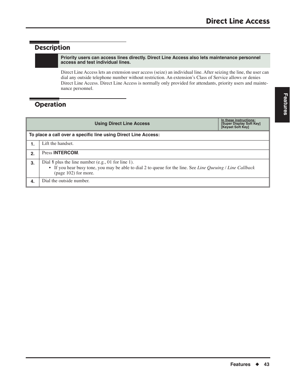 Direct line access, Description, Operation | NEC DSX 1093099 User Manual | Page 51 / 190