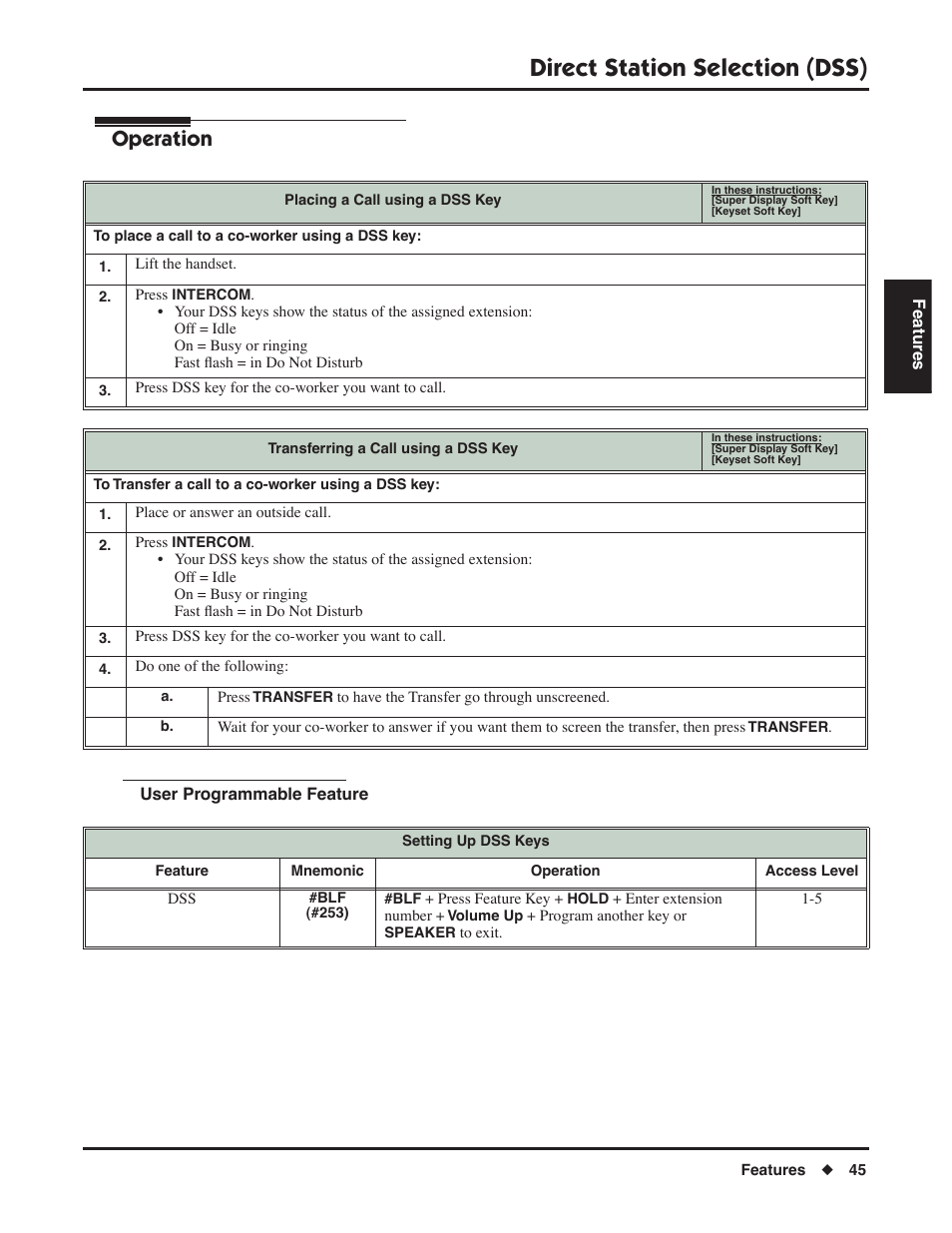 User programmable feature, Direct station selection (dss), Operation | NEC DSX 1093099 User Manual | Page 53 / 190