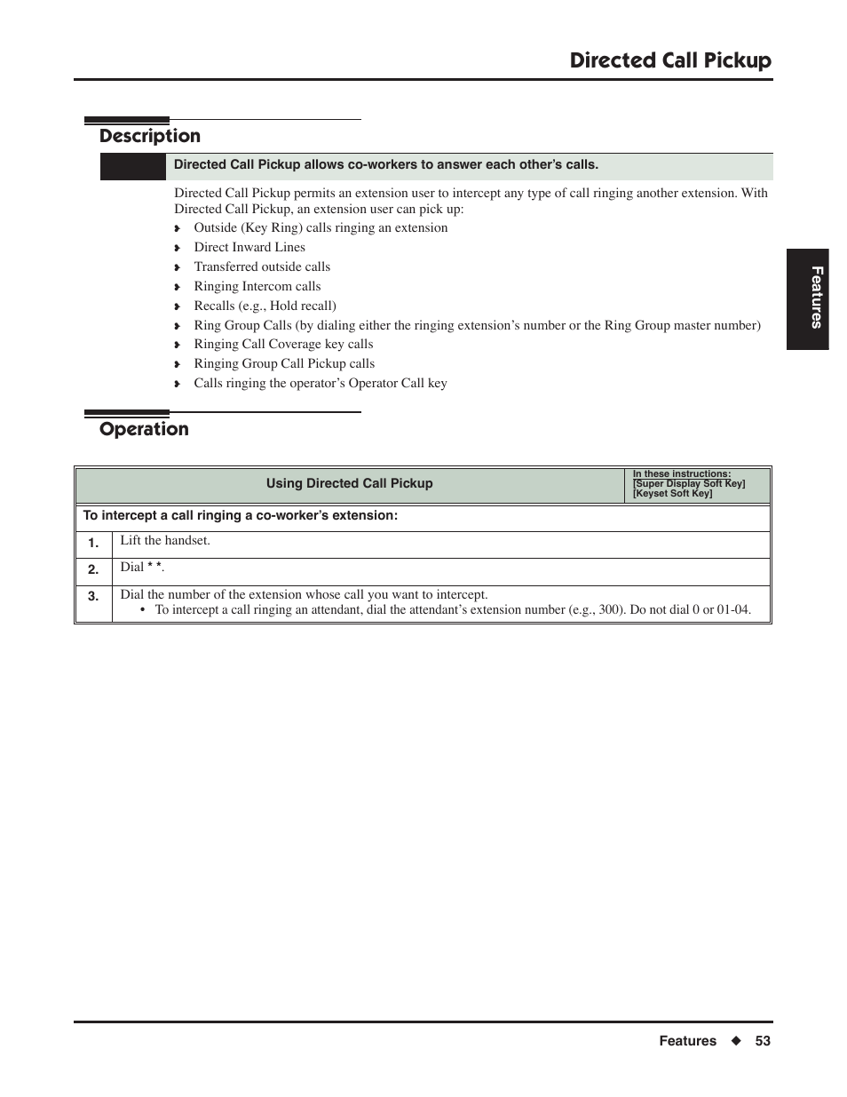 Directed call pickup, Description, Operation | NEC DSX 1093099 User Manual | Page 61 / 190