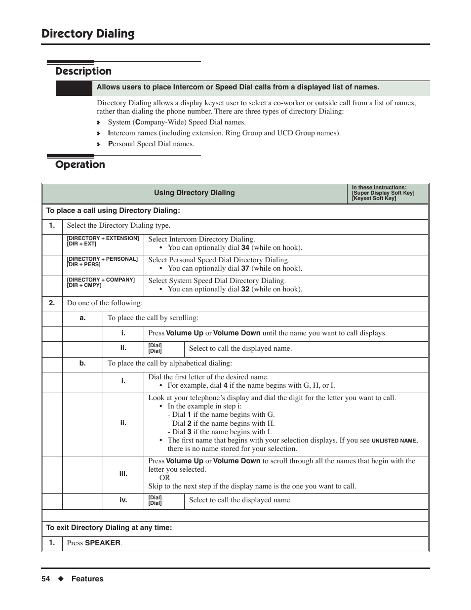 Directory dialing, Description, Operation | NEC DSX 1093099 User Manual | Page 62 / 190