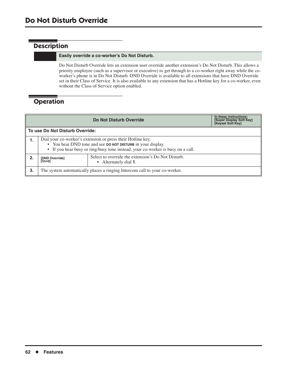 Do not disturb override, Description, Operation | NEC DSX 1093099 User Manual | Page 70 / 190