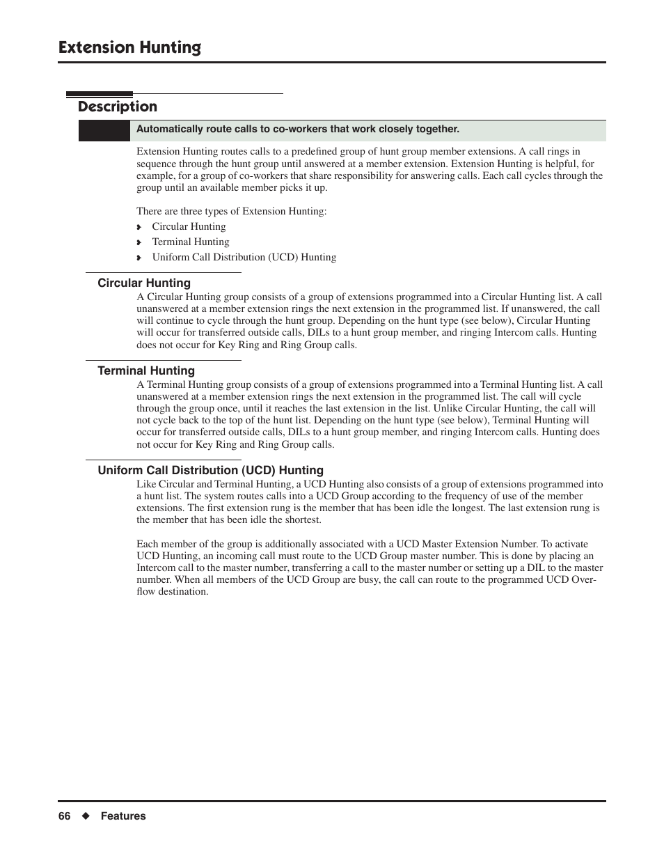 Extension hunting, Circular hunting, Terminal hunting | Uniform call distribution (ucd) hunting, Description | NEC DSX 1093099 User Manual | Page 74 / 190