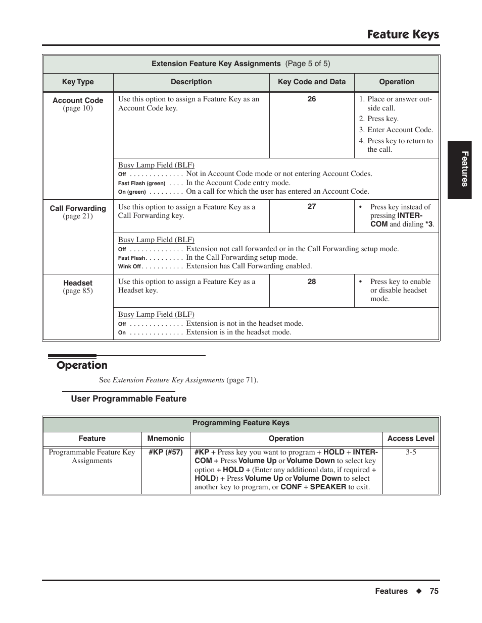 User programmable feature, Feature keys, Operation | NEC DSX 1093099 User Manual | Page 83 / 190