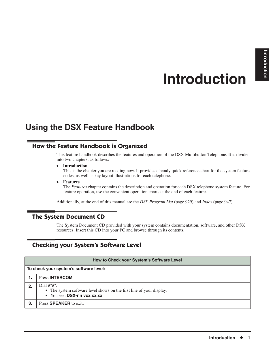 Introduction, Using the dsx feature handbook, How the feature handbook is organized | The system document cd, Checking your system’s software level | NEC DSX 1093099 User Manual | Page 9 / 190