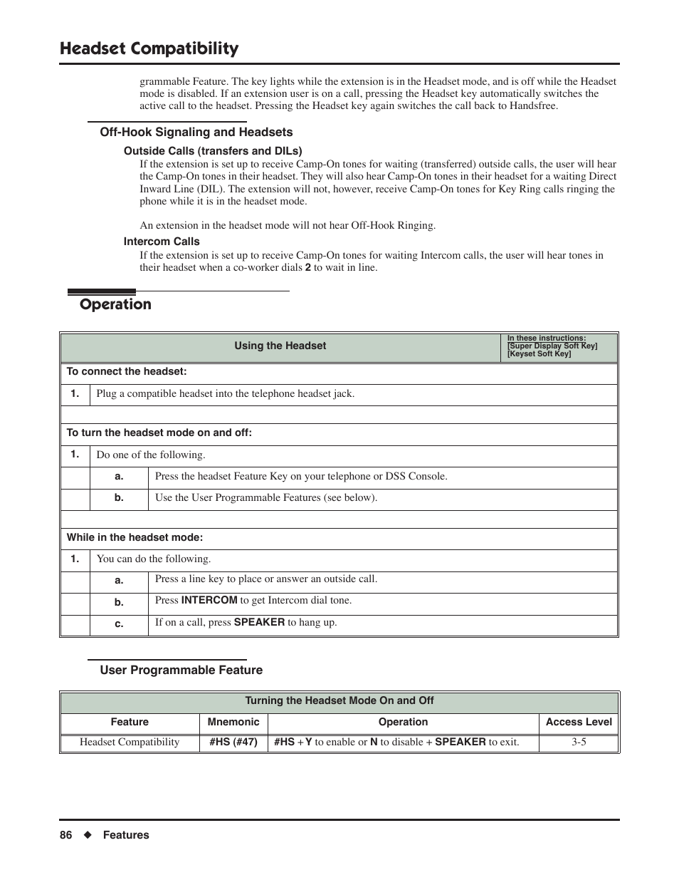 Off-hook signaling and headsets, User programmable feature, Headset compatibility | Operation | NEC DSX 1093099 User Manual | Page 94 / 190