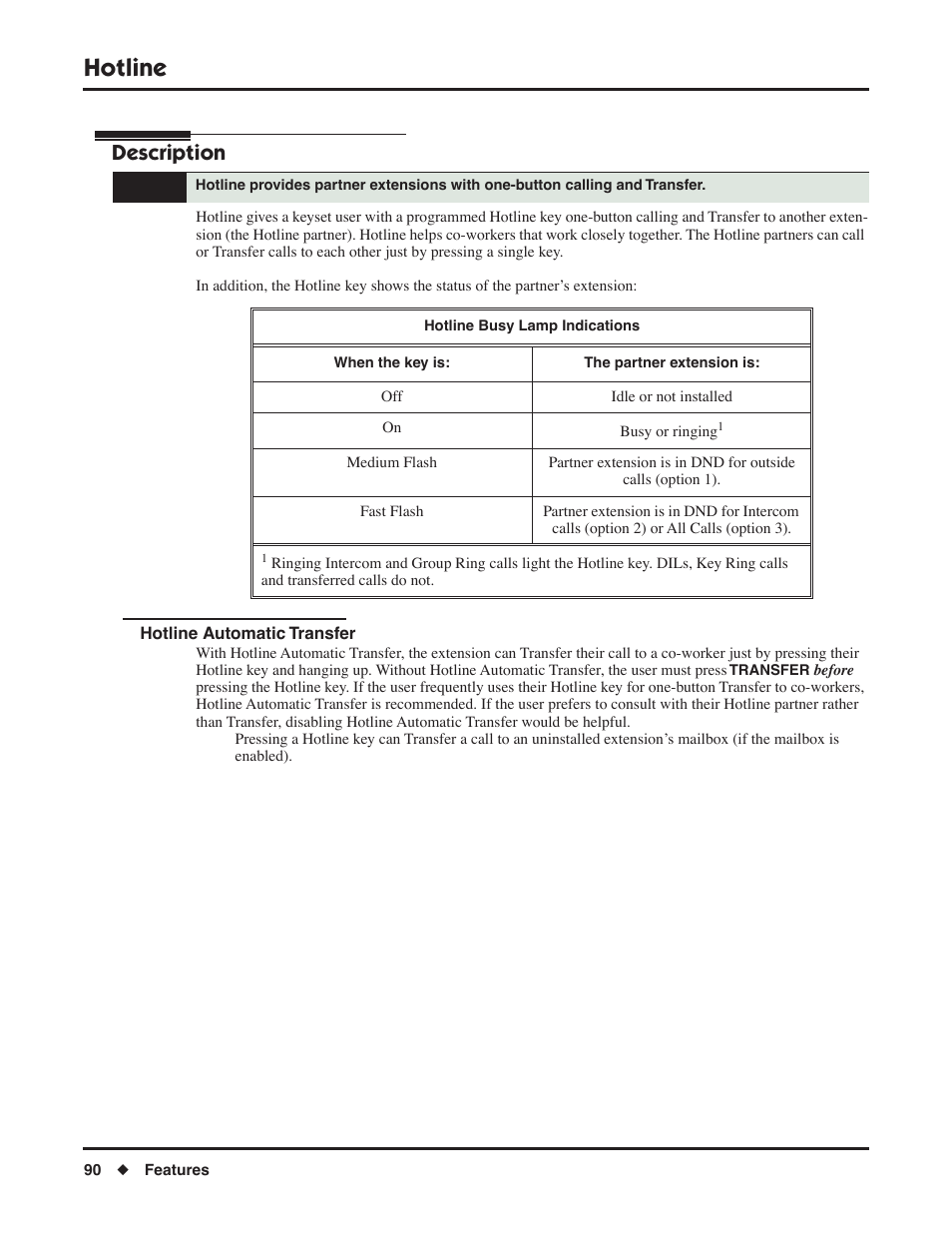 Hotline, Hotline automatic transfer, Description | NEC DSX 1093099 User Manual | Page 98 / 190