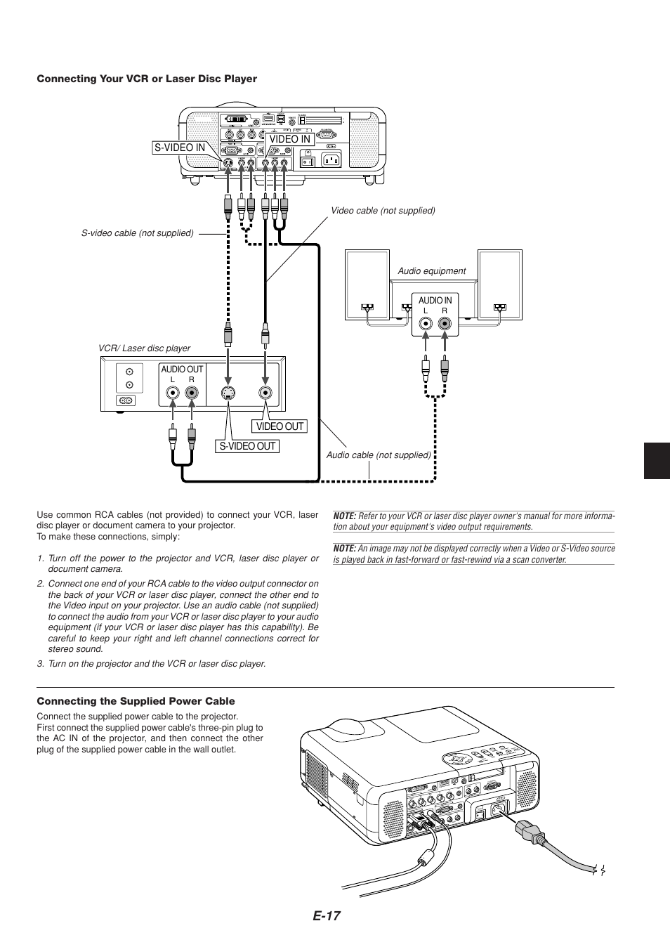 E-17, S-video in, Video out video in s-video out | Connecting your vcr or laser disc player, Connecting the supplied power cable, Vcr/ laser disc player, Audio out, Audio in | NEC MT1065  EN User Manual | Page 17 / 65