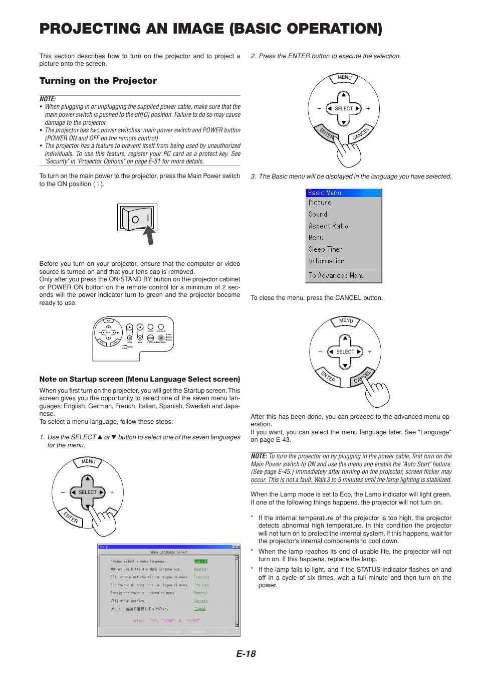 Projecting an image (basic operation), E-18, Turning on the projector | NEC MT1065  EN User Manual | Page 18 / 65