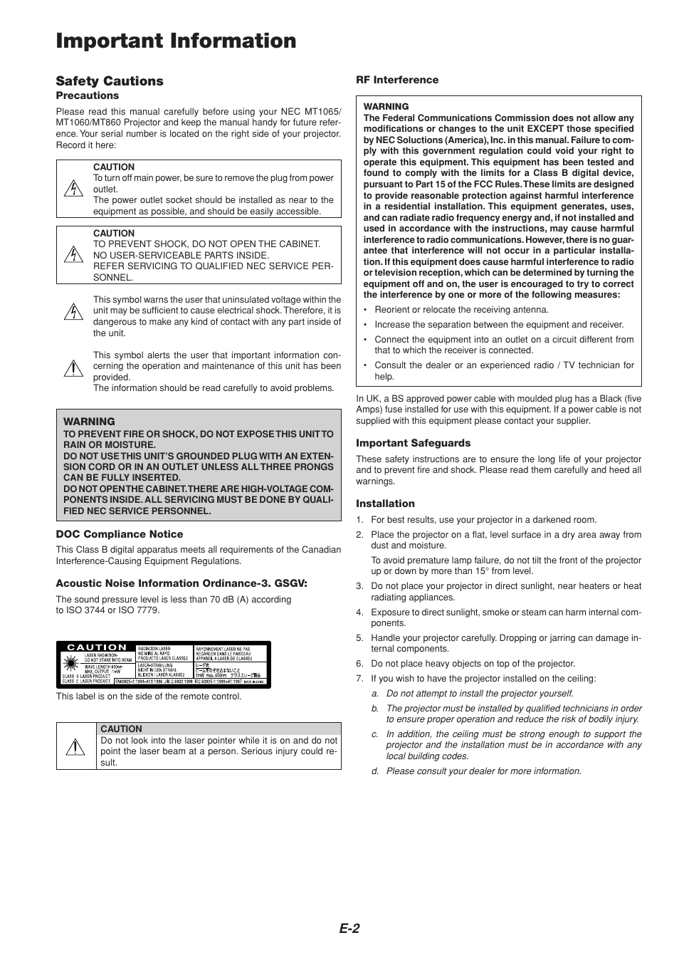 Important information, E-2 safety cautions | NEC MT1065  EN User Manual | Page 2 / 65