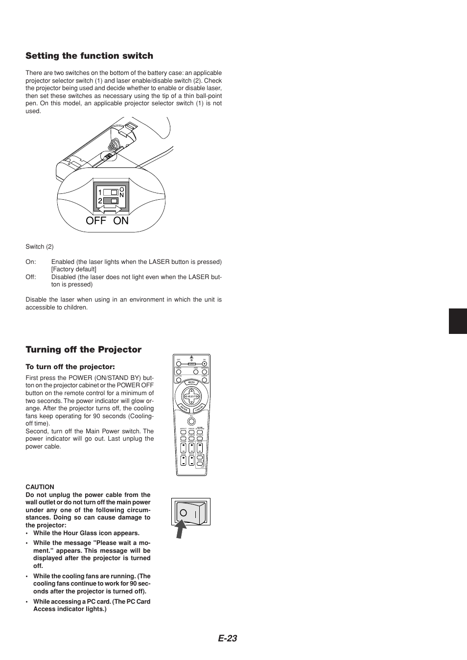 On off, E-23 setting the function switch, Turning off the projector | NEC MT1065  EN User Manual | Page 23 / 65
