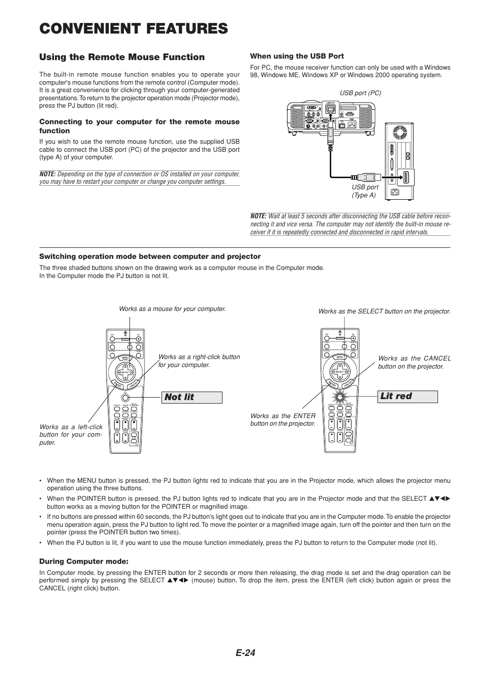 Convenient features, E-24, Using the remote mouse function | Not lit, Lit red, When using the usb port, During computer mode | NEC MT1065  EN User Manual | Page 24 / 65