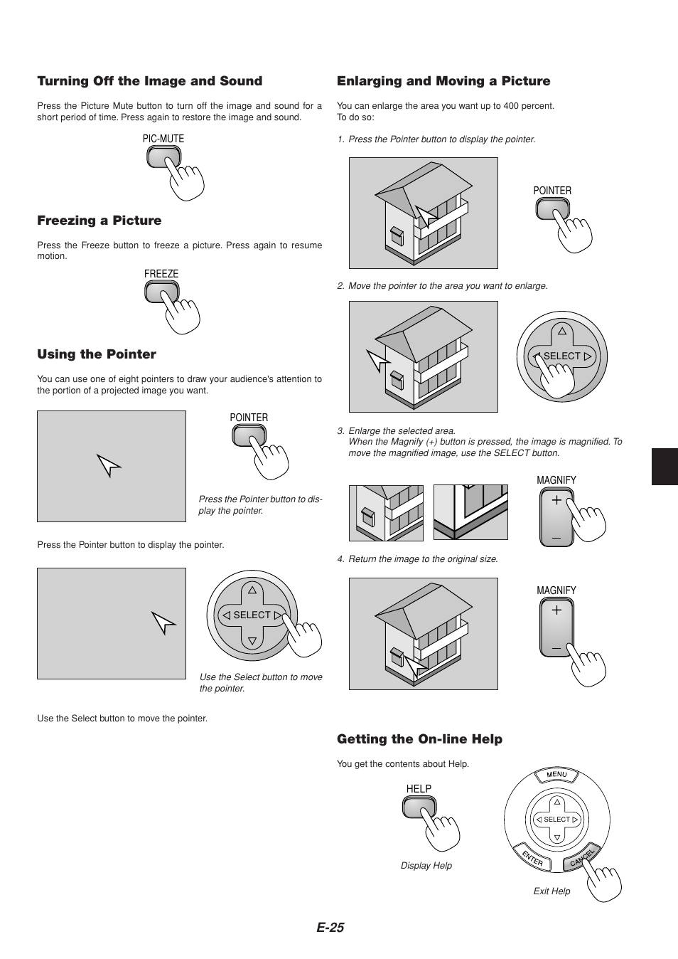 E-25 turning off the image and sound, Freezing a picture, Using the pointer | Enlarging and moving a picture, Getting the on-line help | NEC MT1065  EN User Manual | Page 25 / 65