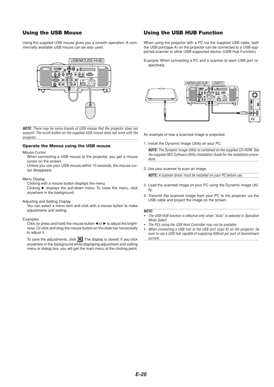 E-26 using the usb mouse, Using the usb hub function | NEC MT1065  EN User Manual | Page 26 / 65