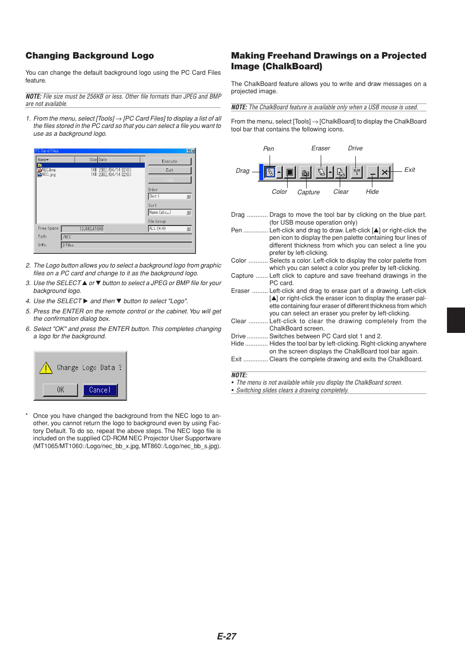 E-27 changing background logo | NEC MT1065  EN User Manual | Page 27 / 65