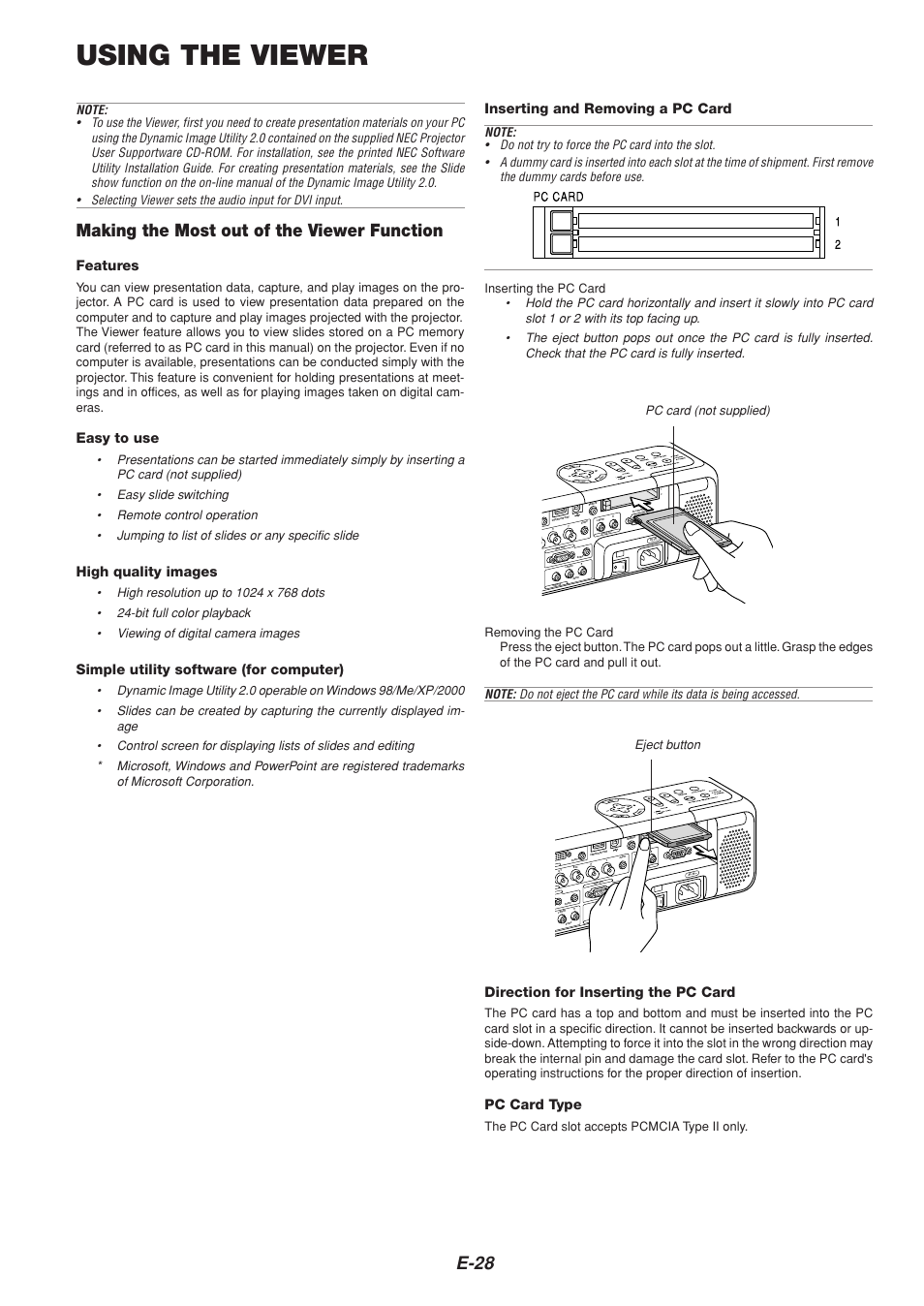 Using the viewer, E-28, Making the most out of the viewer function | Features, Easy to use, High quality images, Simple utility software (for computer), Direction for inserting the pc card, Pc card type, Inserting and removing a pc card | NEC MT1065  EN User Manual | Page 28 / 65
