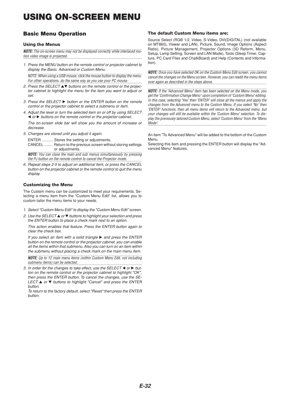 Using on-screen menu, E-32, Basic menu operation | NEC MT1065  EN User Manual | Page 32 / 65