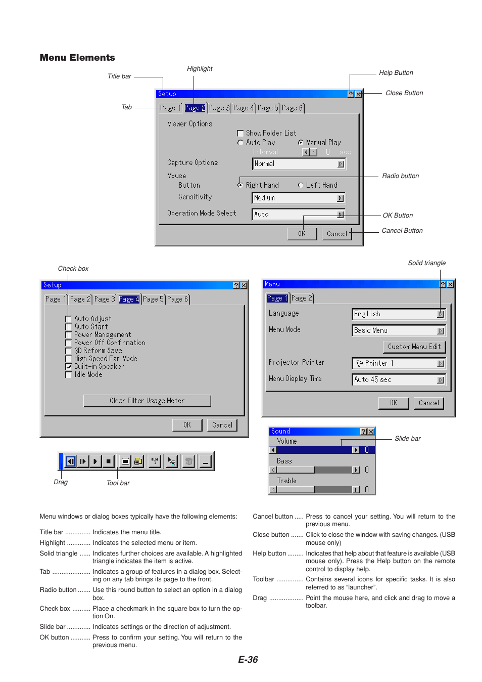 E-36, Menu elements | NEC MT1065  EN User Manual | Page 36 / 65